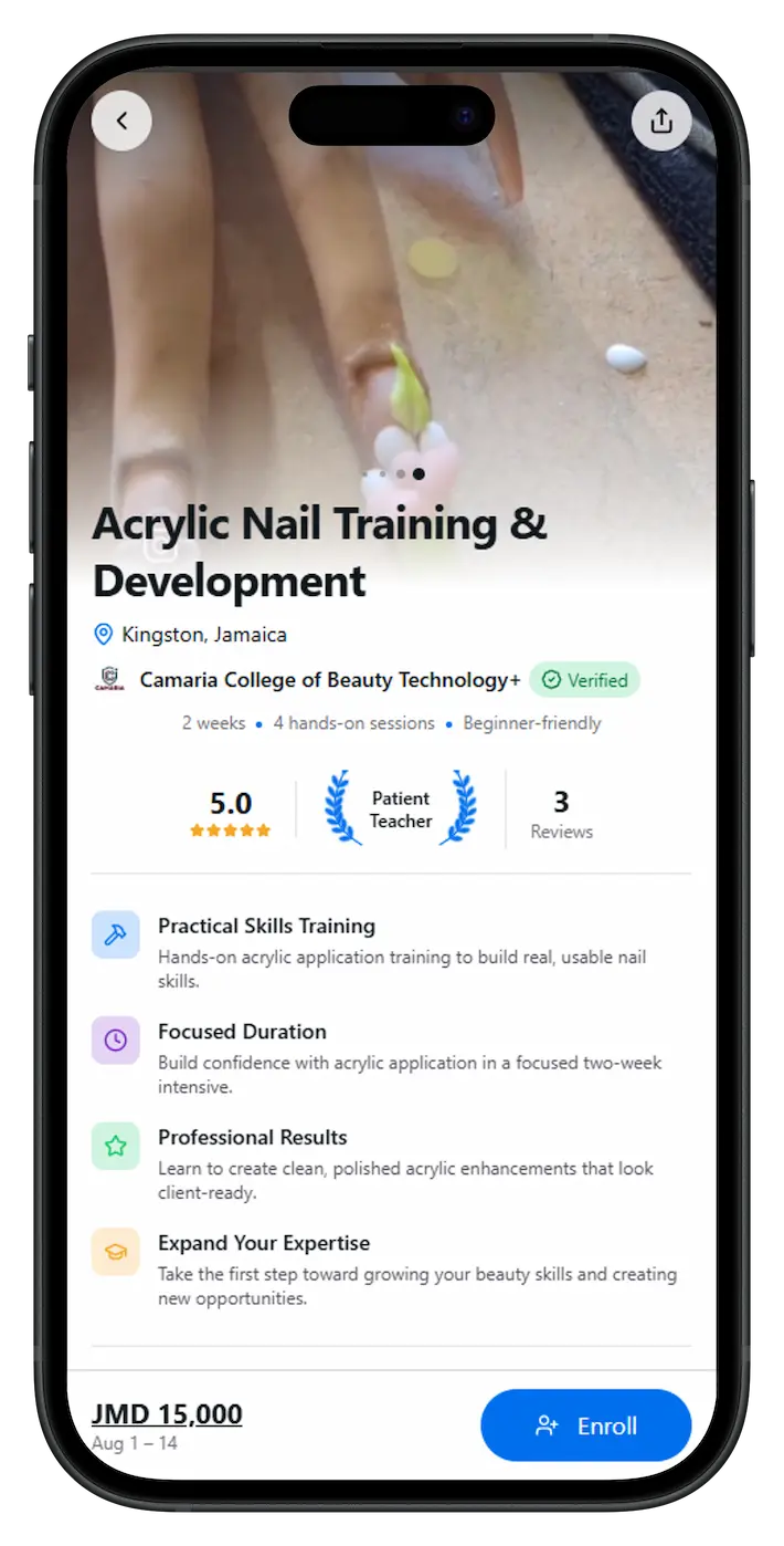 Acrylic nail training program on Sovoli mobile